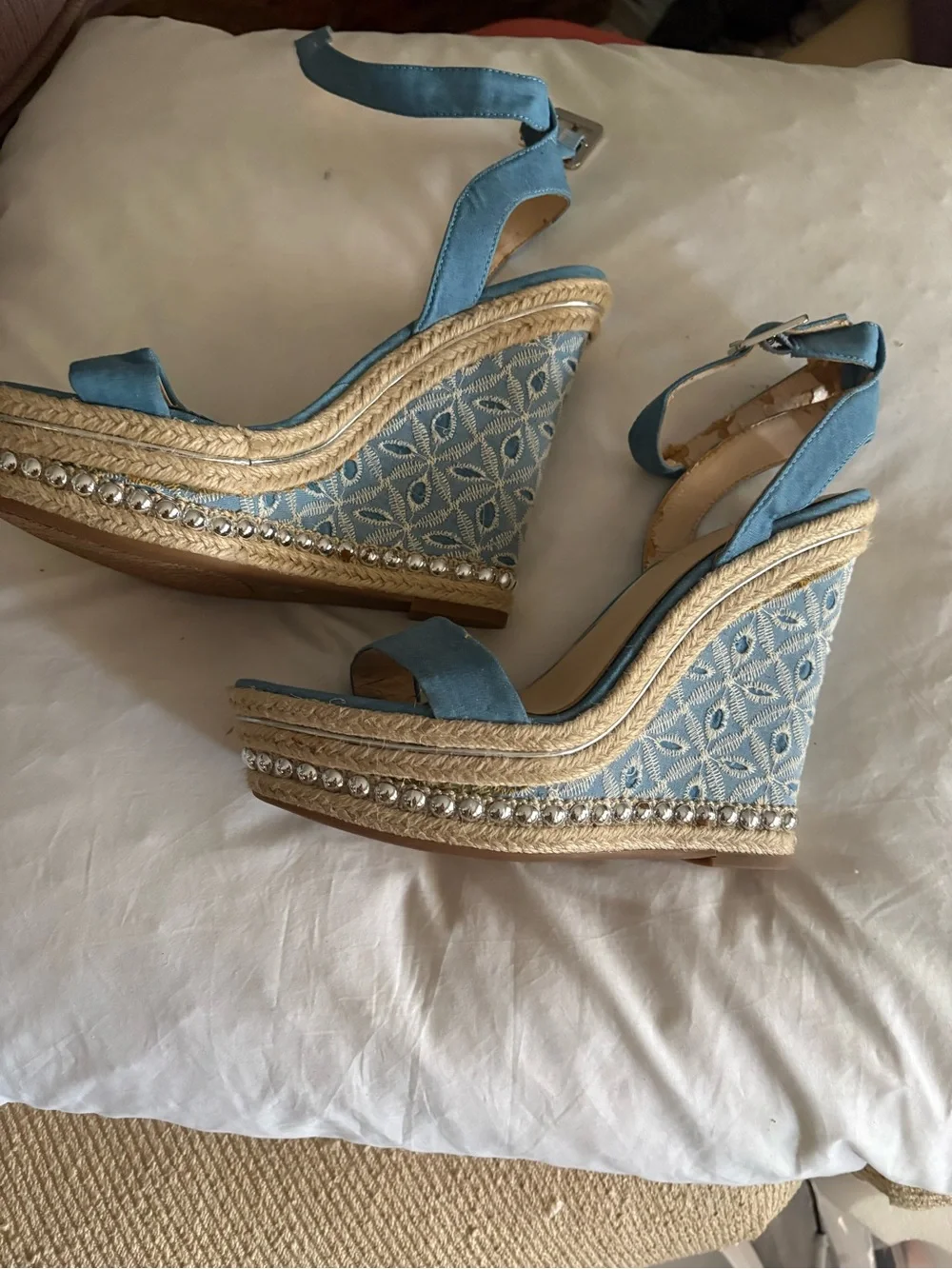 Jessica Simpson Blue Embroidered Espadrille Wedge Sandals with silver studs Trim